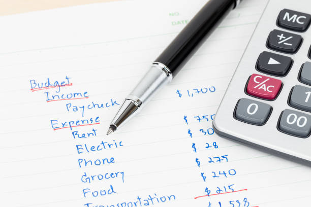istock Hand writing home budget with calculator 1061172702
