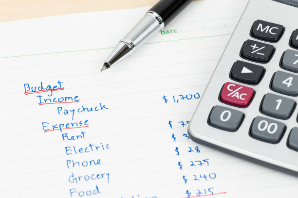istock Hand writing home budget with calculator 1061172726