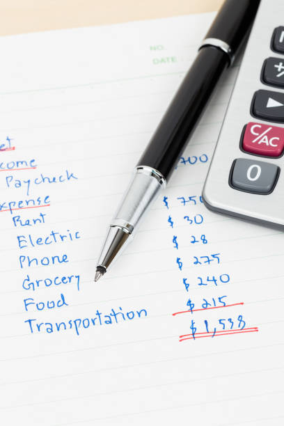 istock Hand writing home budget with calculator 1061172730