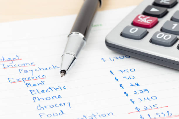 istock Hand writing home budget with calculator 1061172738