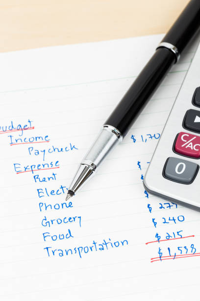 istock Hand writing home budget with calculator 1061172740