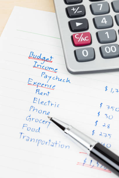 istock Hand writing home budget with calculator 1061172756