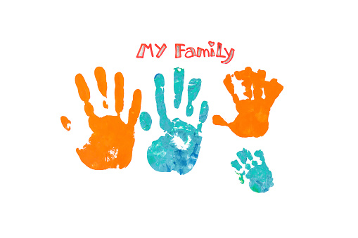 family hand print color on white isolated background