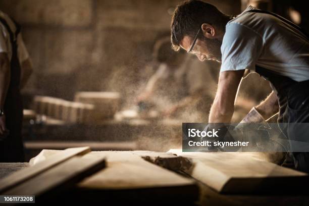 Junge Tischler Mit Sander Während Der Arbeit An Einem Stück Holz Stockfoto und mehr Bilder von Schreiner