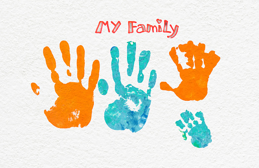 family hand print color on white wall background