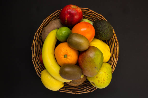istock Fruits in basket isolated on black 1061173306