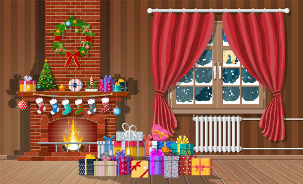 ilustraciones, imágenes clip art, dibujos animados e iconos de stock de interior de navidad de sala - christmas window santa claus lighting equipment