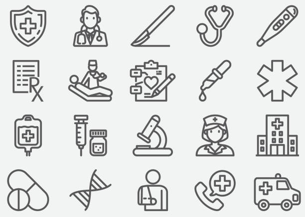 ilustraciones, imágenes clip art, dibujos animados e iconos de stock de iconos de línea médica y de salud - medicina de emergencia