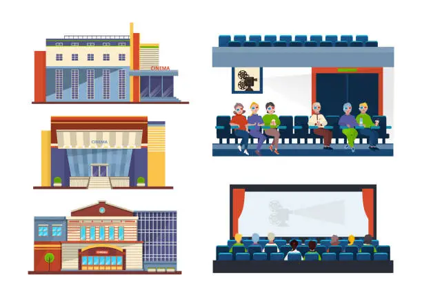 Vector illustration of Set facades cinema building. People in auditorium, interior cinema hall.