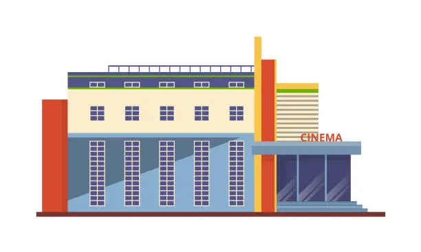 Vector illustration of Modern facade of cinema building, architectural structure for recreation, entertainment.