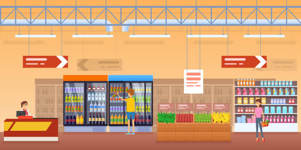 ilustraciones, imágenes clip art, dibujos animados e iconos de stock de tienda, alrededor interior, estantes, nevera con bebidas, se encuentra con los productos. - shopping supermarket department store women