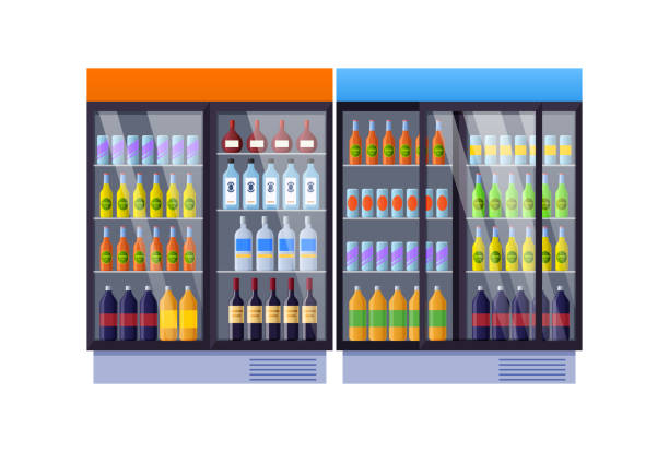 istock Shelves with juice, carbonated water, alcoholic beverages. Fridge with drinks. 1061178792