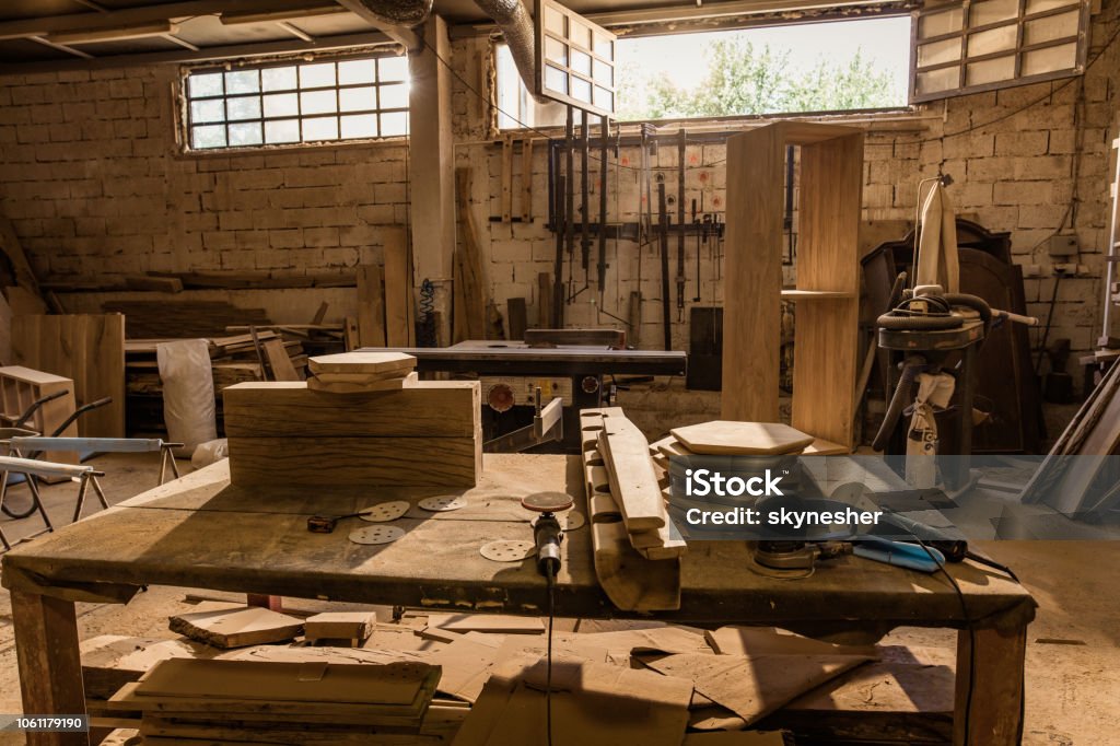 Carpentry workshop with no people. Carpentry workshop without people. Carpentry Stock Photo