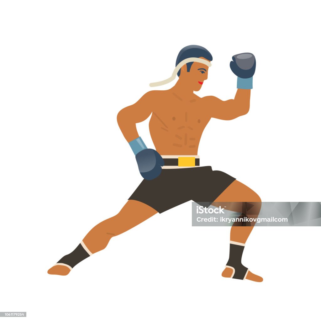 Traditional martial arts Thai box, attack with knees and elbows. Traditional martial arts Thai box, attack with knees and elbows. Muay Thai, kickboxing, sport, fighting. Thailand soldier with bandage on his head and gloves, in fighting posture. Vector illustration. Adult stock vector