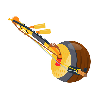 Wooden guitar, thai traditional three-stringed tool kokyu, instrument. Holiday, music on acoustic tool. Thailand carnival, festival. Thai realistic musical string instrument. Vector illustration.