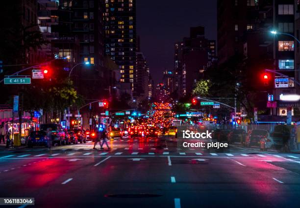 New York 5th Avenue Traffic In The Evening Stock Photo - Download Image Now - Night, New York City, Street