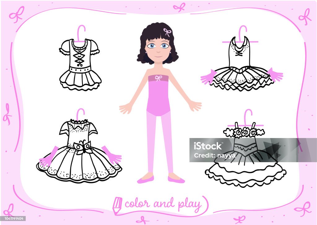 little ballet dancer doll Young girl as little ballet dancer. Dress up paper doll in cartoon style with ballet tutus in black and white. Color, cut and play. Vector illustration for children coloring book Ballet Dancer stock vector