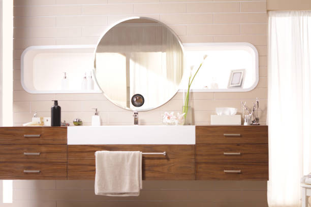 istock wooden counter and round mirror on the wall 1061195298