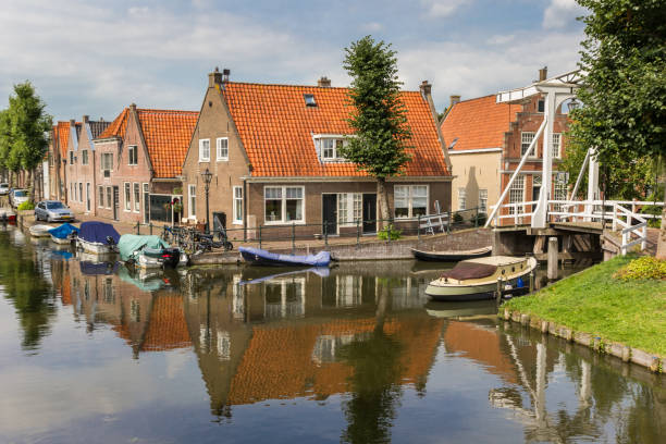 Canal and small houses in Monnickendam, The Netherlands