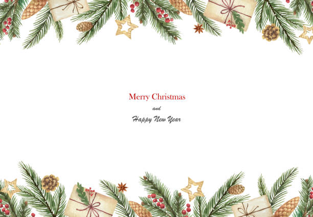 ilustrações de stock, clip art, desenhos animados e ícones de watercolor vector christmas banner with fir branches and place for text. - christmas tree christmas holly holiday