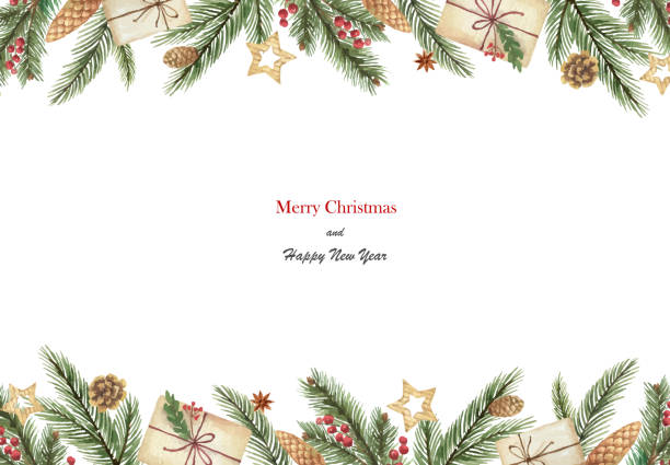 Watercolor vector Christmas banner with fir branches and place for text. Watercolor vector Christmas banner with fir branches and place for text. Illustration for greeting cards and invitations isolated on white background. christmas border stock illustrations