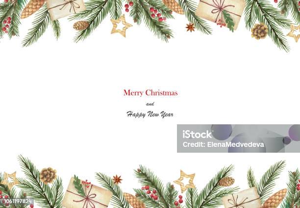 Watercolor Vector Christmas Banner With Fir Branches And Place For Text Stock Illustration - Download Image Now