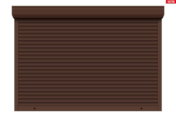 Garage Roller Shutters Isolated Sample of Brown garage Roller Shutters. Protect System for garage and shop. Vector Illustration isolated on white background. roll a door stock illustrations