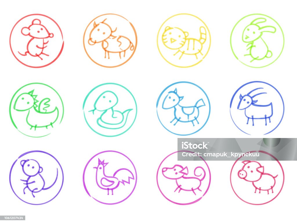 Dessinés avec jeu d’icônes de feutres à la main horoscope asiatique - clipart vectoriel de Année du Cheval libre de droits