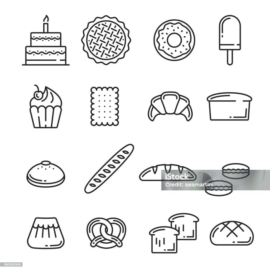 Vector bread and pastry bakery lineart icons Bread and pastry cakes lineart icons of bakery or patisserie. Vector birthday torte, fruit pie or donut and ice cream with cupcake or baguette or wheat toast and rye loaf, pretzel and croissant Ciabatta stock vector