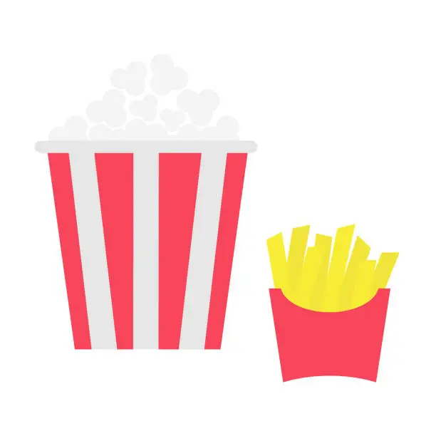 Vector illustration of French fries potato in a paper wrapper box. Popcorn. Fried potatoes. Movie Cinema icon set. Fast food menu. Flat design. White background. Isolated.