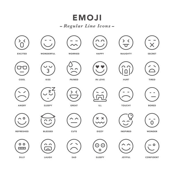 ilustraciones, imágenes clip art, dibujos animados e iconos de stock de emoji - los iconos de línea regular - emoticono ilustraciones