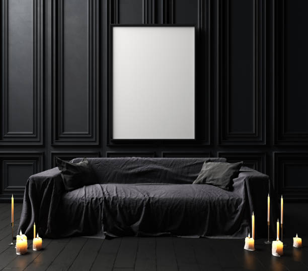 Mock-up poster frame in dark classic interior background, modern style