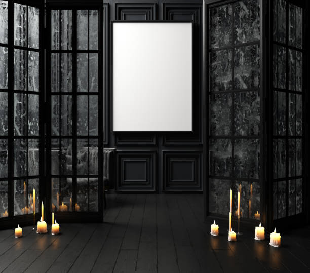 어두운 실내 배경에 촛불에 모형 포스터 - castle indoors domestic room spooky 뉴스 사진 이미지
