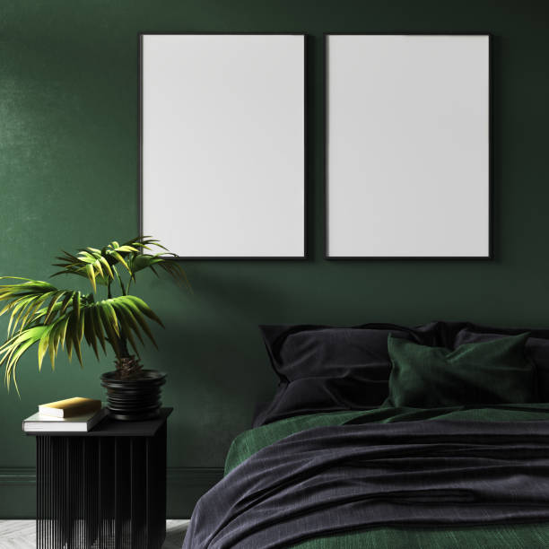 poster mock-up in moderni interni della camera da letto verde scuro con pianta in vaso sul tavolo - poster bed foto e immagini stock