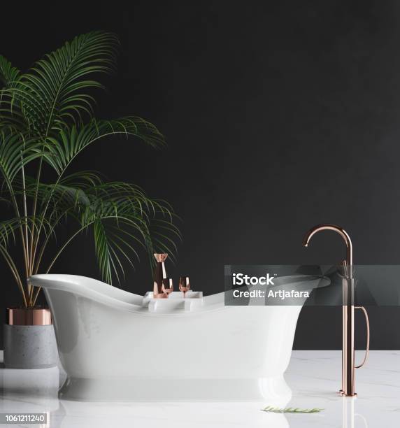 Wall Mockup In Luxury Minimalist Bathroom Stock Photo - Download Image Now - Bathroom, Luxury, Bathtub