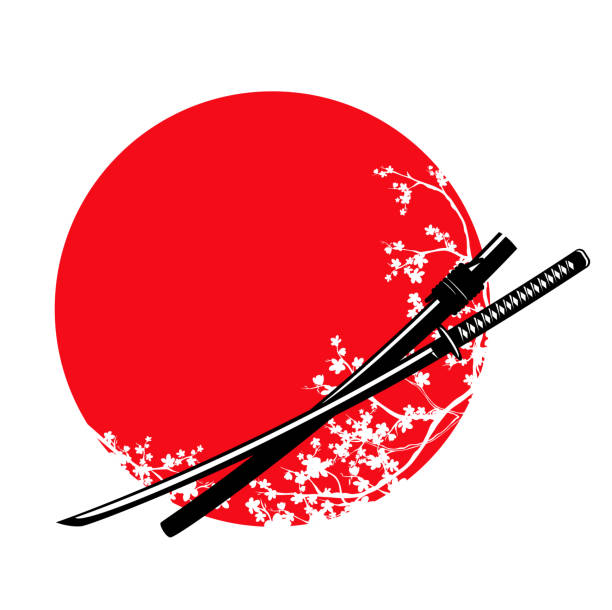 katana sword and cherry tree blossom against red sun traditional samurai sword and blooming sakura branches - katana and japanese red sun vector design samurai stock illustrations