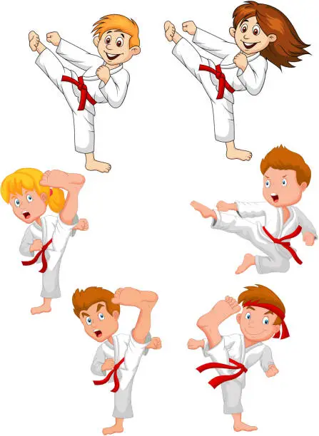 Vector illustration of Cartoon little kid training karate collection