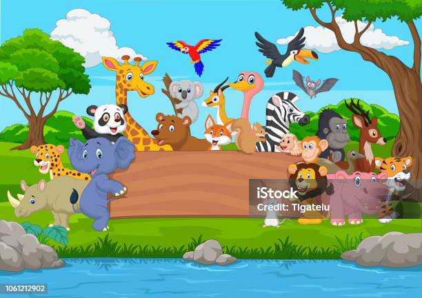 Cartoon Wild Animal With Blank Board In The Jungle Stock Illustration -  Download Image Now - Rainforest, Animal, Lake - iStock