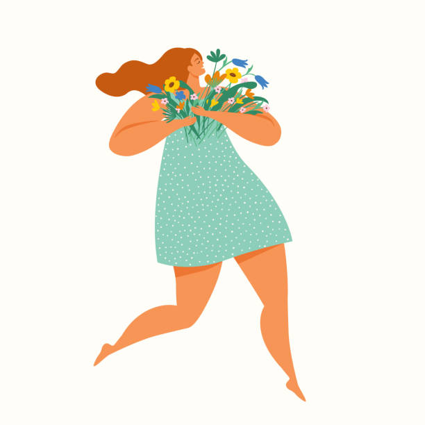 illustrations, cliparts, dessins animés et icônes de fille heureuse en cours d’exécution avec un bouquet de fleurs. journée internationale de la femme. illustration vectorielle. - viiième siècle