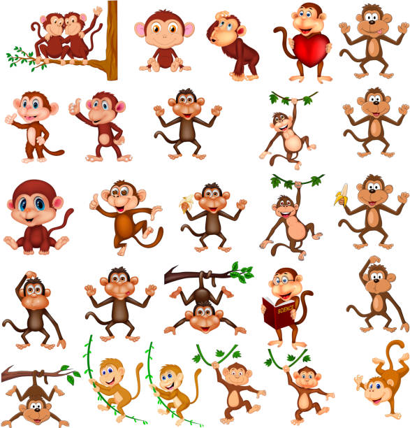 ilustraciones, imágenes clip art, dibujos animados e iconos de stock de colección de dibujos animados mono feliz con diferentes acciones - play the ape