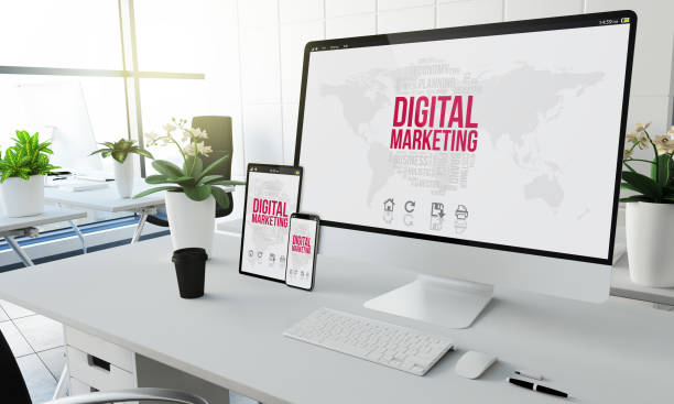 digital marketing devices mockup digital marketing screen devices mockup at coworking office 3d rendering email campaign stock pictures, royalty-free photos & images