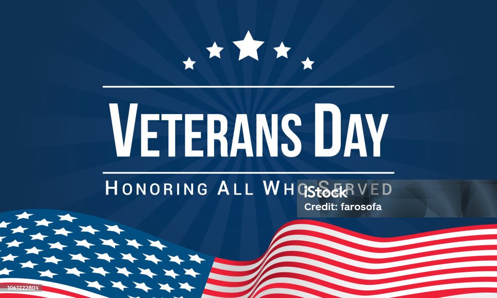 Veterans Day Vector illustration, Honoring all who served, USA flag waving on blue background. US Veteran's Day stock vector