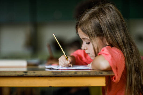 Schoolgirl writing a dictation during a class in elementary school. Elementary student writing a dictation in a notebook during a class in the classroom. one girl only stock pictures, royalty-free photos & images