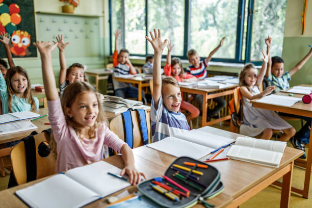 istock Group of happy elementary students raising their arms in the classroom. 1061233262