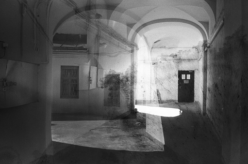 Black-and-white overdue film with artifacts, a multiexposition, the scan. No computer post-processing in graphic editors was used.
