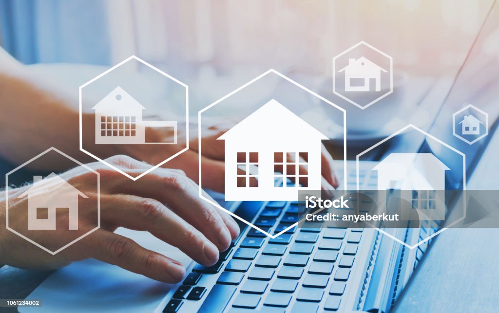 Buy house, real estate concept, different offers of property online. buy house, real estate concept, different offers of property online, hands typing on computer as background Real Estate Stock Photo