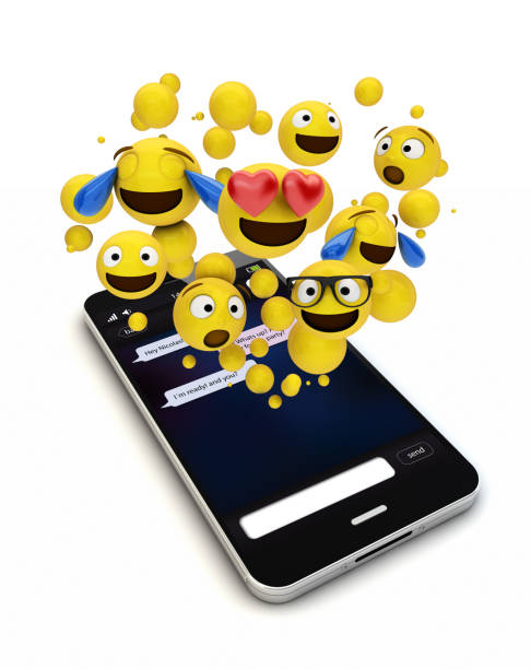 3d rendering of an original smartphone with emoticons going out of the screen. Screen graphics are made up.