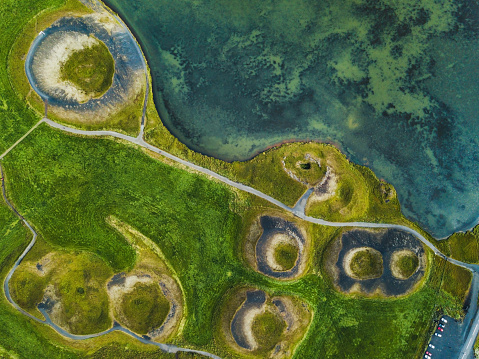 volcanic craters in Iceland aerial view from above, Myvatn lake