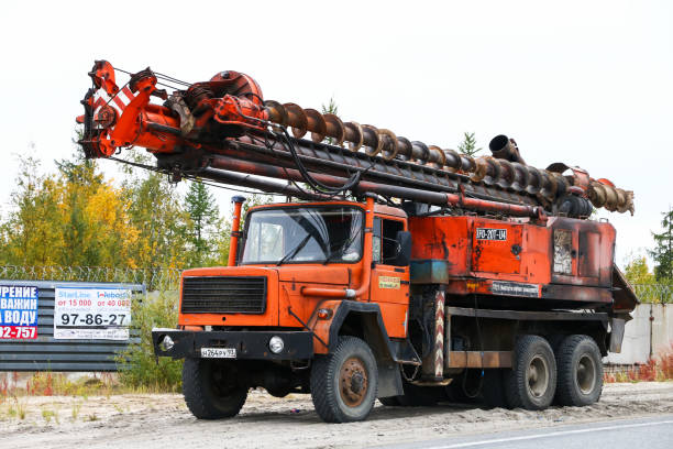 Novyy Urengoy, Russia - September 8, 2018: Mobile drilling rig IPD-20T-U4 mounted on a truck Iveco Magirus 260-25 ANW at the countryside.