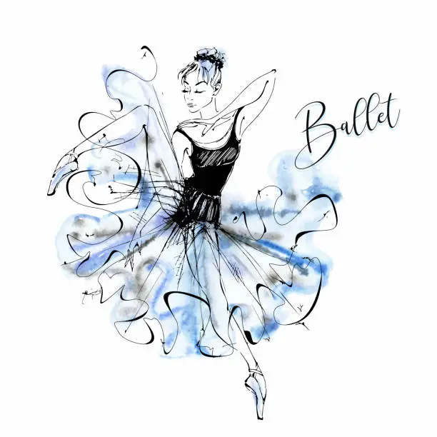 Vector illustration of Ballerina. Ballet. Wilis. Dancing girl on Pointe shoes. Watercolor. Vector